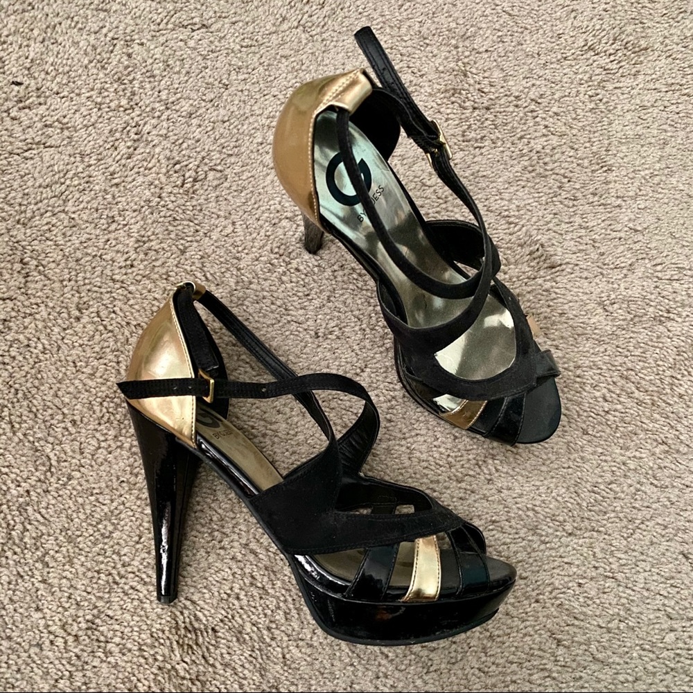 Guess Strappy Black & Gold Open Toe Platform Stiletto Heels